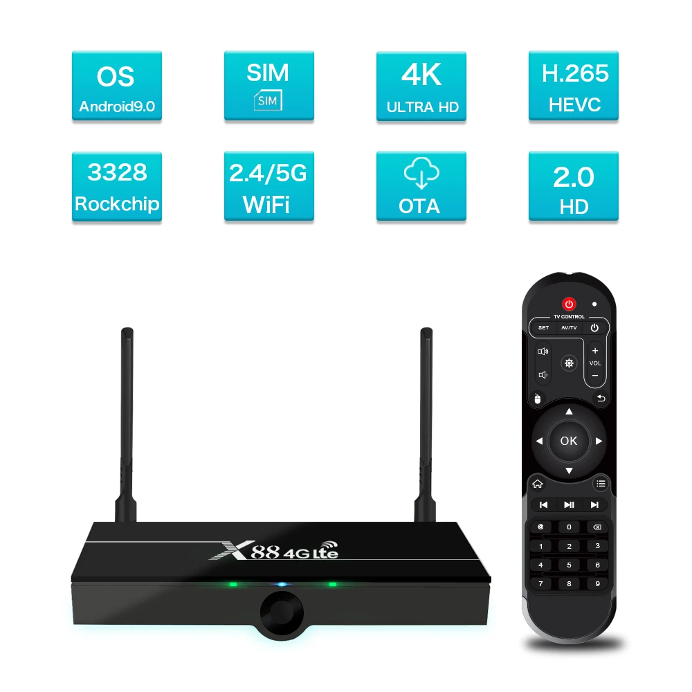 X88 STB 4K Smart tv телеприставка Android 9,0 HDMI 2,0 HD с поддержкой sim-карты WiFi Bluetooth 4K@ 60Hz Samrt tv Box