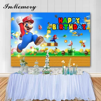 

InMemory Super Mario Theme Background Giant Mario Character Birthday Party Photo Photography Backdrops Photo Booth Props 7X5FT