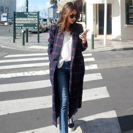

Korean Version Women Mid Long Autumn Over Knee Wool Warm Dark Blue Grid Pattern Windbreaker Woolen Blends Fmale