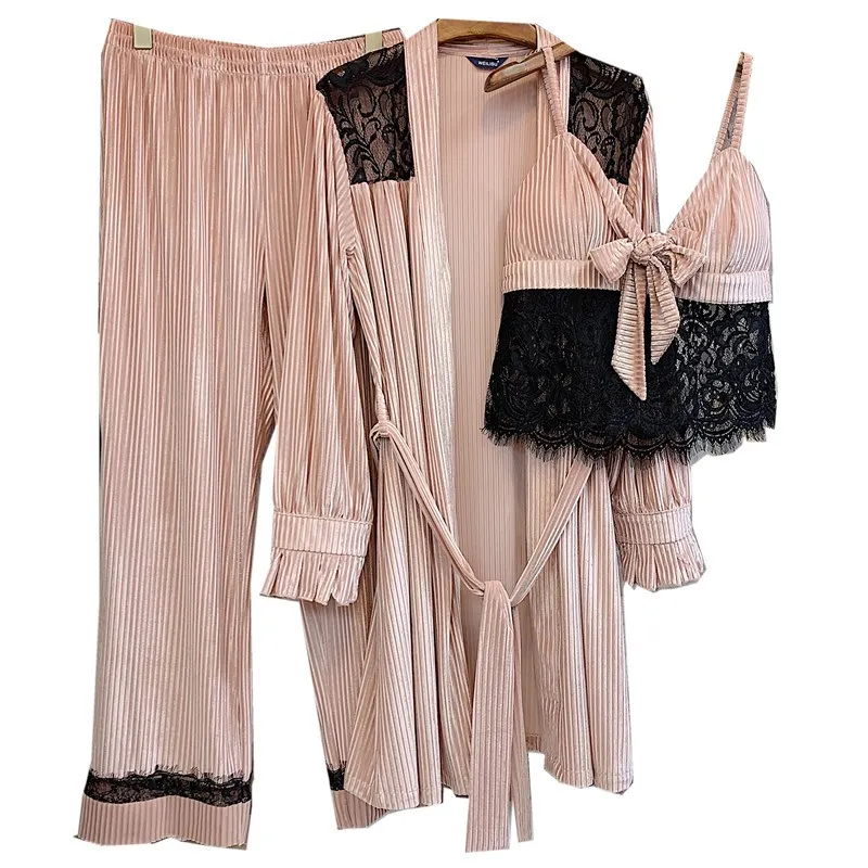 Женские пижамы из трех частей золотистого бархата, осенне-зимние сексуальные кружевные повседневные пижамы с длинными рукавами и бантом, комплект одежды для сна для женщин