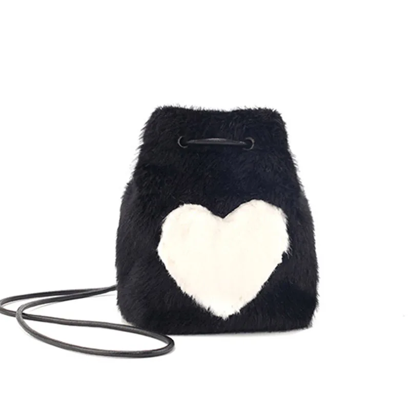 

Women Fashion Plush Shoulder Bag Simple Bucket Bag Youth Female Messenger Bag Autumn And Winter Ladies Soft Bag Rope Black