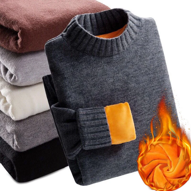 

2019 Winter Super Warm Sweater Men's Turtleneck Slim Soft Fleece Pullover Solid Knitted Plus gold velvet thickening Sweater Men