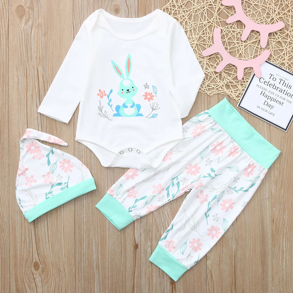  Kids Clothes Fashion Baby Easter Day Rabbit Print Jumpsuit Romper+Pants+Hat Outfits Set Cute Clothi