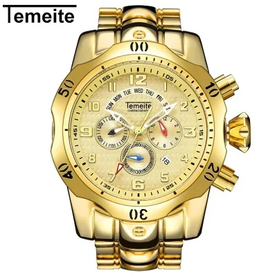 Топ бренд класса люкс TEMEITE кварцевые часы для мужчин часы Мода Бизнес Календарь Водонепроницаемые Часы Relogio Dourado Masculino de luxo - Цвет: full gold