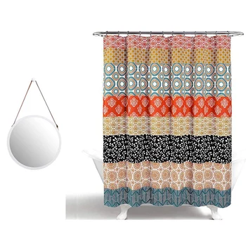 

1 Set Bohemian Waterproof Polyester Shower Curtain & 1 Pcs Hanging Round Wall Mirror in Bathroom Bedroom Strap