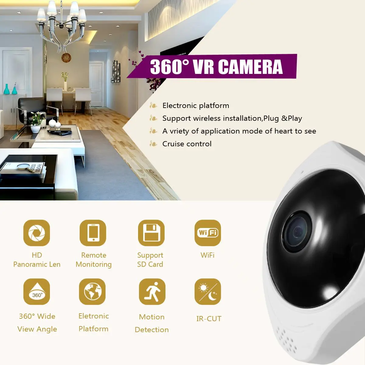 

3D VR WIFI Camera 360 Degree Panoramic FIsheye 960P WIreless Indoor Security White EU Plug