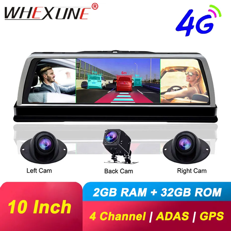 Câmera de Carro Gravador de Unidade Câmera de 4ch 2gb + Rom Whexune Lente Android Navi Fhd 1080p Gps Espelho Retrovisor Adas Wi-fi Dvr Ram 32g 10