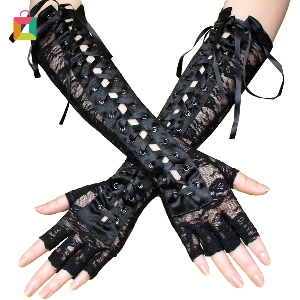 

Sexy lace gloves female long temptation ribbon rivet half finger etiquette ball gloves nightclub Glittery
