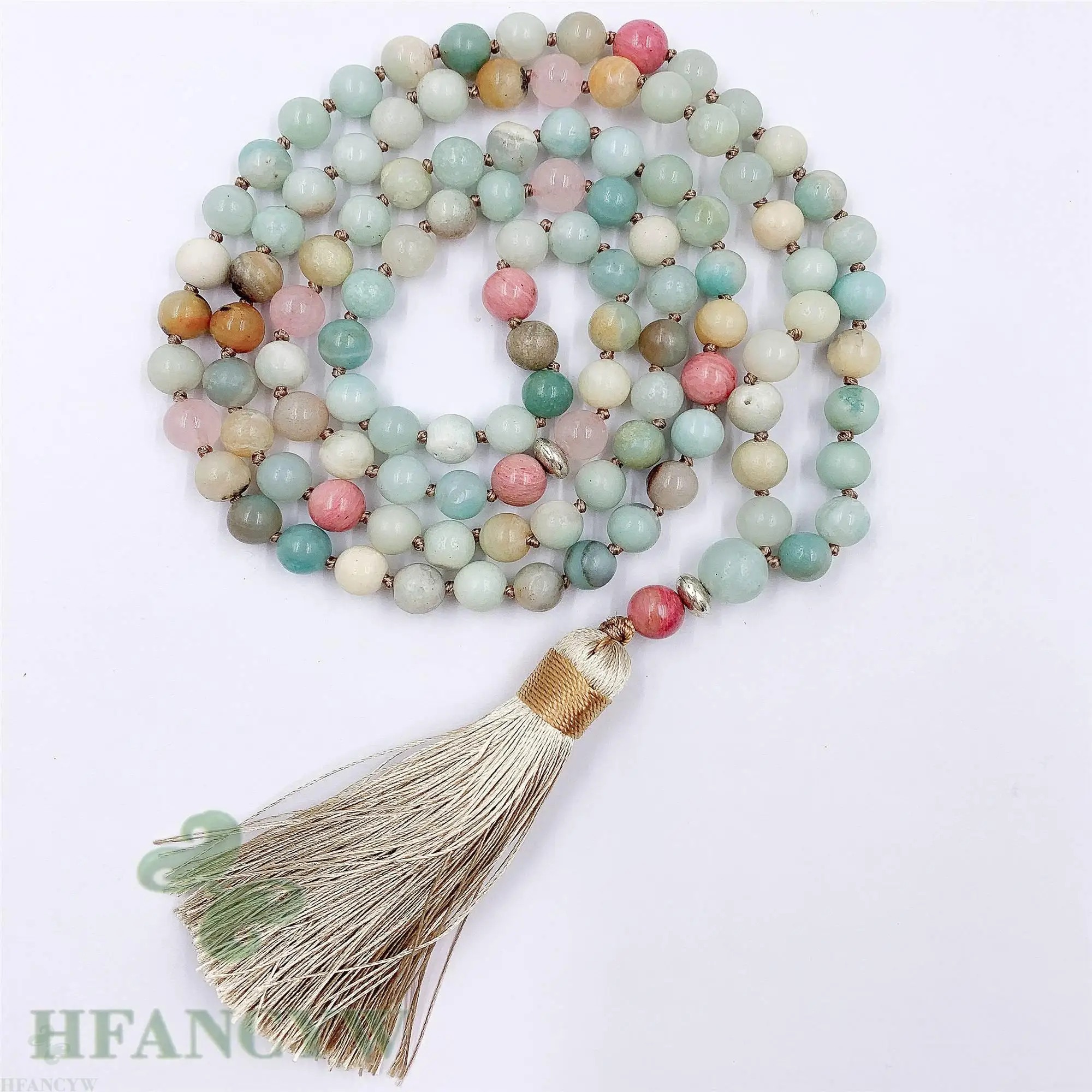 

8MM Gemstone Amazonite Knot mala necklace Tassel Healing Unisex pray Lucky cuff Reiki Fancy Veins natural Wrist Buddhism