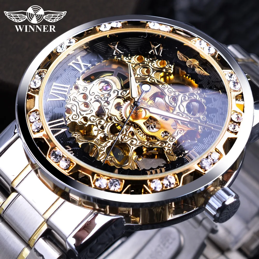 Победитель прозрачные модные бриллиантовые светящиеся часы королевский дизайн для мужчин лучший бренд класса люкс мужские механические часы с скелетом наручные часы - Цвет: S1089-2