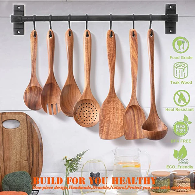 Wood Spoons for Cooking,Nonstick Kitchen Utensil Set,Wooden Spoons Cooking  Utensil Set Non Scratch Natural Teak Wooden Utensils for Cooking(Teak 8