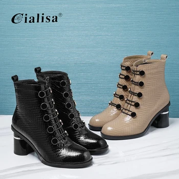 

CIALISA Women Shoes Fashion New Design Chunky Heel High Quality 2020 Zipper Patend Genuine Leather Ankle Boot