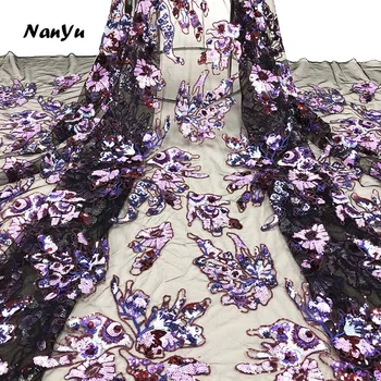

New French High Quality Lace Fabric Purple Embroidered Sequin Mesh Lace Fabric 5 Yards/lot