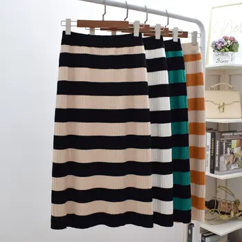 

Fashion Striped Print Autumn Winter Knit Midi Long Skirt jupe femme Mid-Calf Women High Waist Casual Falda A-Line Skirts