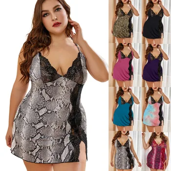 

Women Plus Size Sexy Lingerie Nightdress Deep V-Neck Side Split Sleepwear Underwear Dress G-string Nightdress
