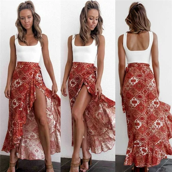 

2020 New Bohemian High Waist Floral Print Summer Skirts Womens Boho Asymmetrical Casual Skirt Maxi Long Skirts For Women