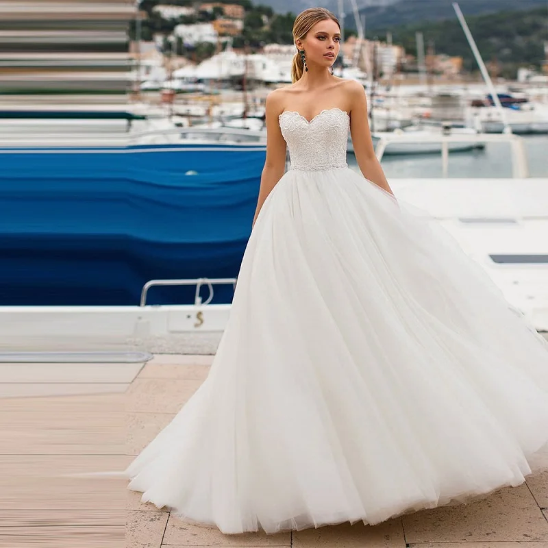 

Sexy White Sweetheart Lace Appliques Top A-Line Wedding Dresses Tulle Lace Up Back Bridal Gowns Formal Long Vestidos De Mariee