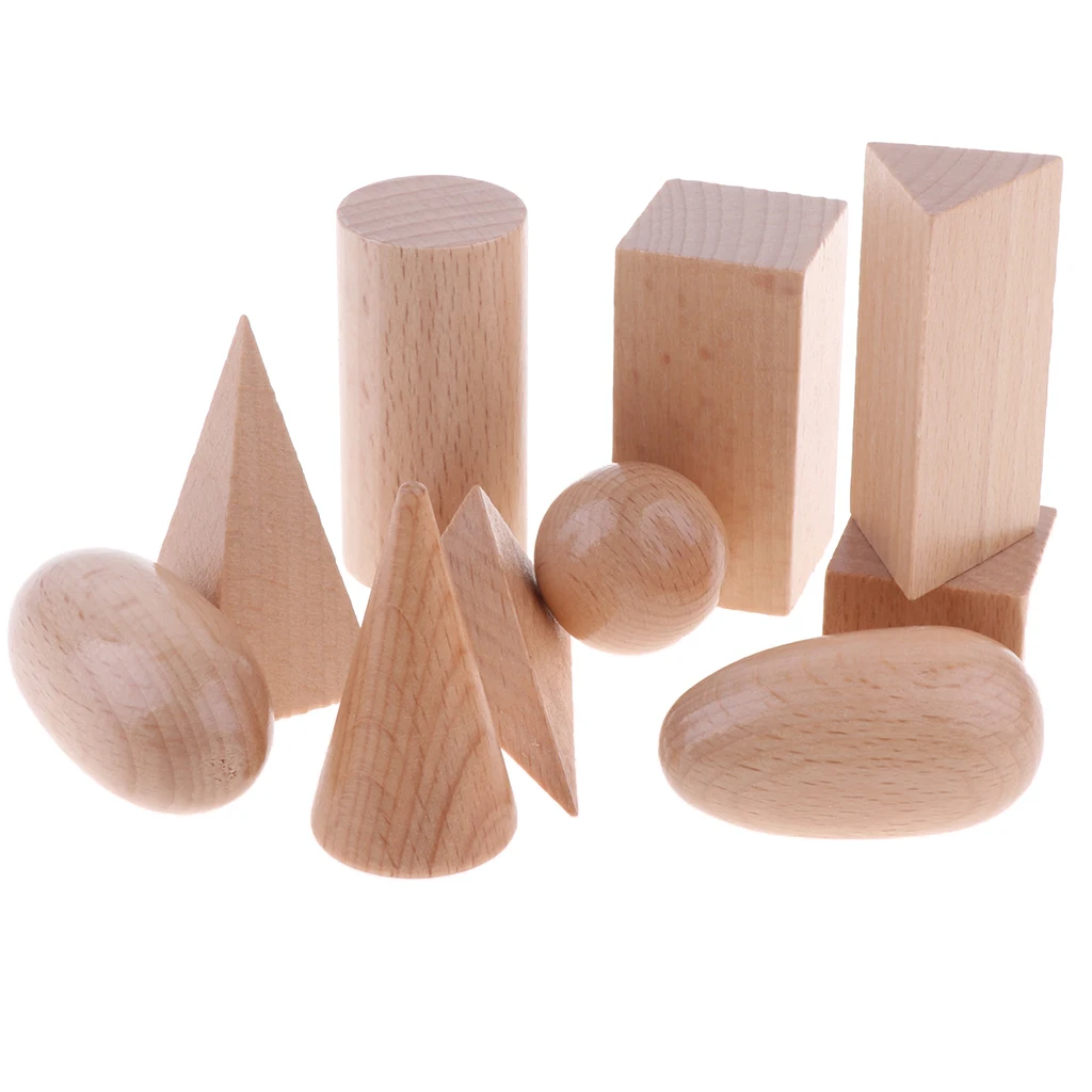 Geometric Solids Montessori Blocks - Set of 10 - Wooden 3D Shapes - Early Math Manipulative and Geometry for Kids