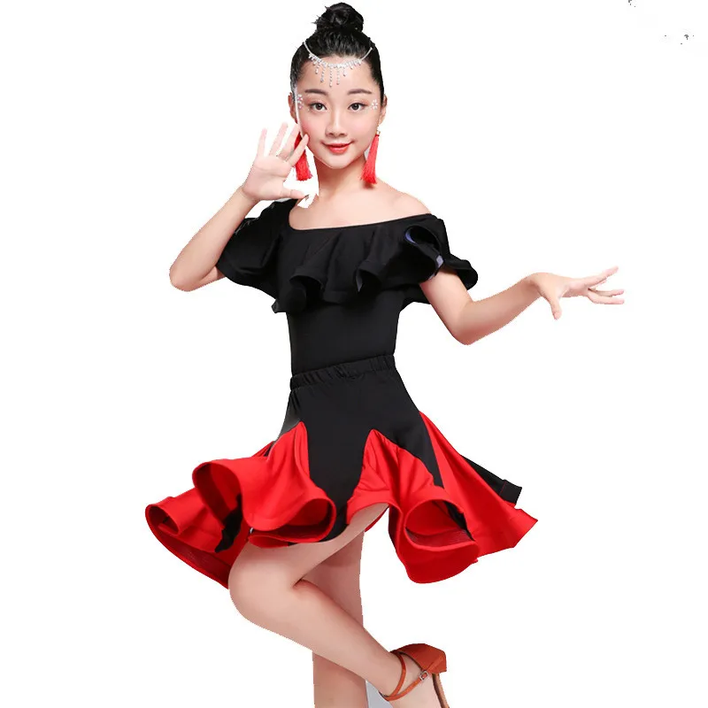 Новинка, платья для латинских танцев для девочек, одежда для выступлений, профессиональное платье с коротким рукавом для латинских танцев, Одежда для танцев на сцене для детей - Цвет: red