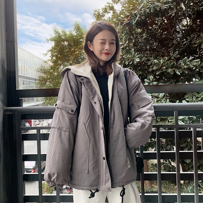 

Photo Shoot Berber Fleece Coat Women's 2019 Winter New Style Korean-style Loose-Fit BF Thick Students Hooded Couples Cotton Coat