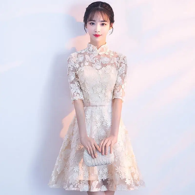 Высокий разрез пикантное элегантное женское длинное Cheongsam винтажные вышивки цветочные Qipao Плюс размер воротник стойка китайское Макси платье - Цвет: Champagne F