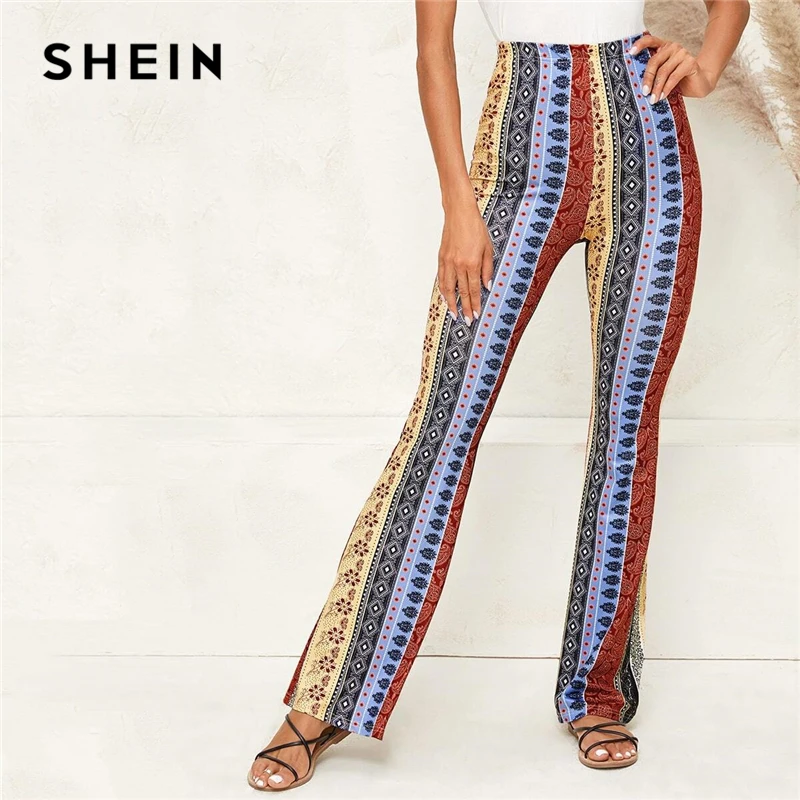 SHEIN Multicolor Flare Leg Tribal Print Pants Women 2020 Autumn Ladies Bohemian Long Trousers Elastic Waist Skinny Pants