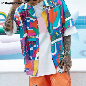 

INCERUN Summer Men Funny Printed Short Sleeve Lapel Fashion Shirt Vacation Comfort Joker Casual Button Mens Blouse Streetwear