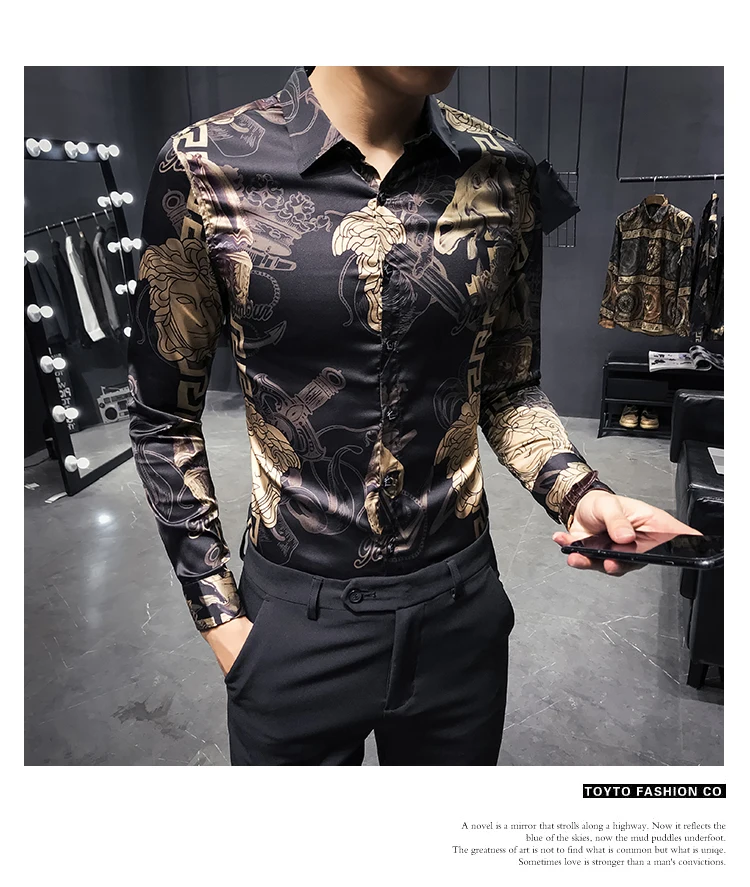 Роскошная рубашка, мужские рубашки в стиле барокко, модная рубашка Camisa social club, для ночного клуба Slim Fit masculina