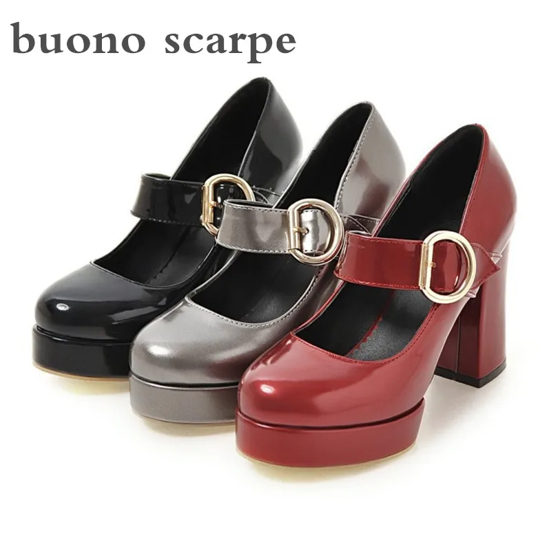 

New thick high heel pearlescent patent leather shoes