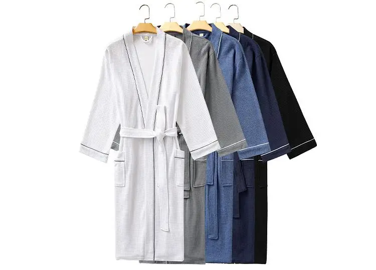 Waffle Kimono Bathrobe Gown Couple Sleepwear Soft Intimate Lingerie Men Nightgown Home Clothes Casual Nightwear Homewear men's silk pajamas