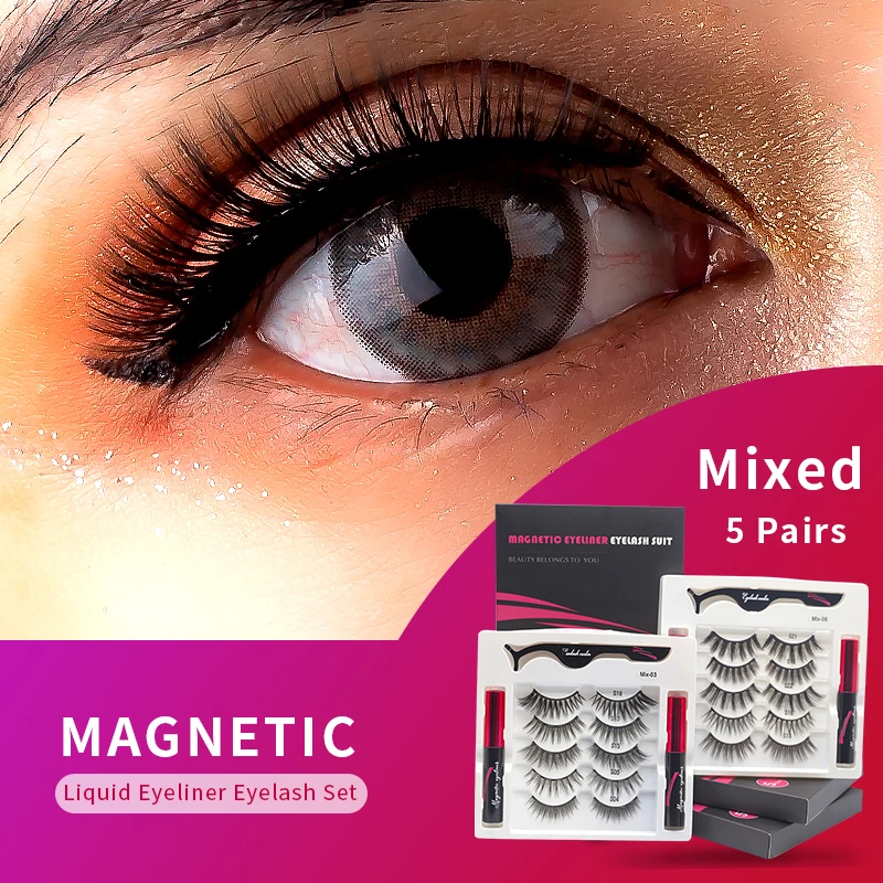 

5 Pairs/Set Mixed Magnetic Eyelashes Set Repeated Use Waterproof False Lashes With 2PCS Liquid Eyeliner And Tweezer