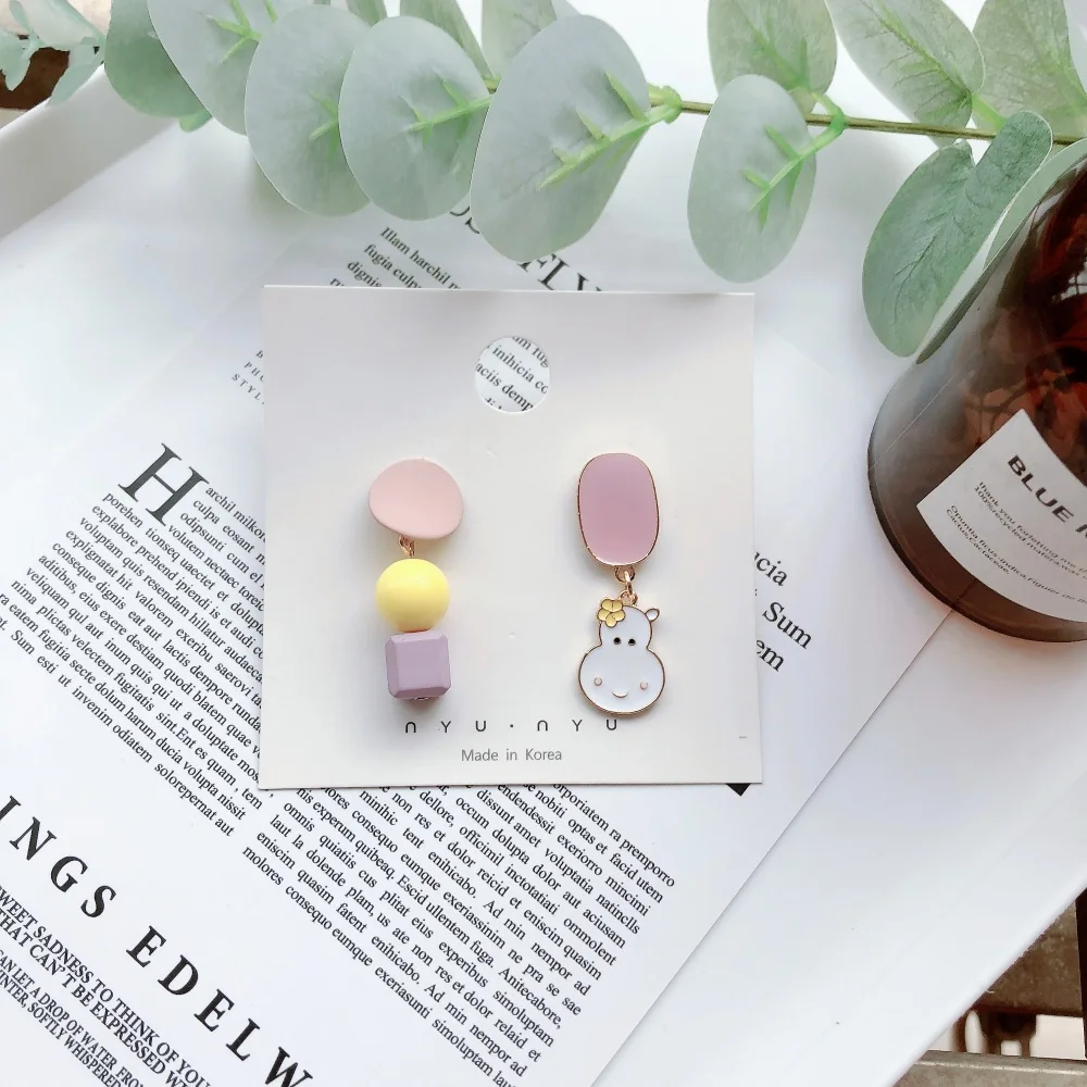 

SQUERIM Summer New Cartoon Girl Creative Earring Hippo Pink Asymmetric Holiday Drop Earring For Women Korea