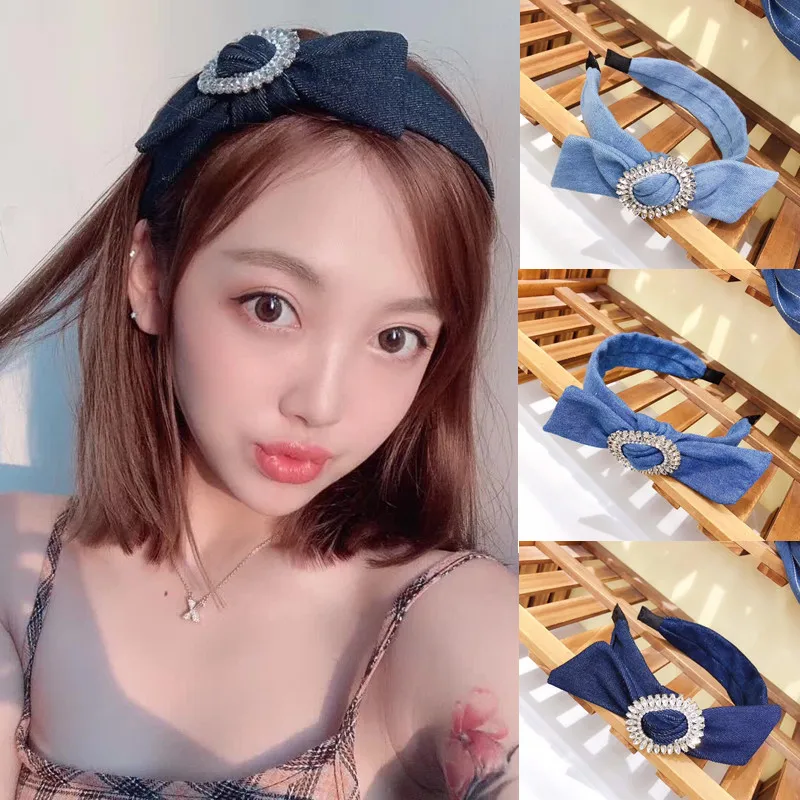 Джинсовый большой бант горный хрусталь Hairband для женщин заколка для волос со стразами обруч жемчужный для девочек корона цветок повязка для головы тюрбан