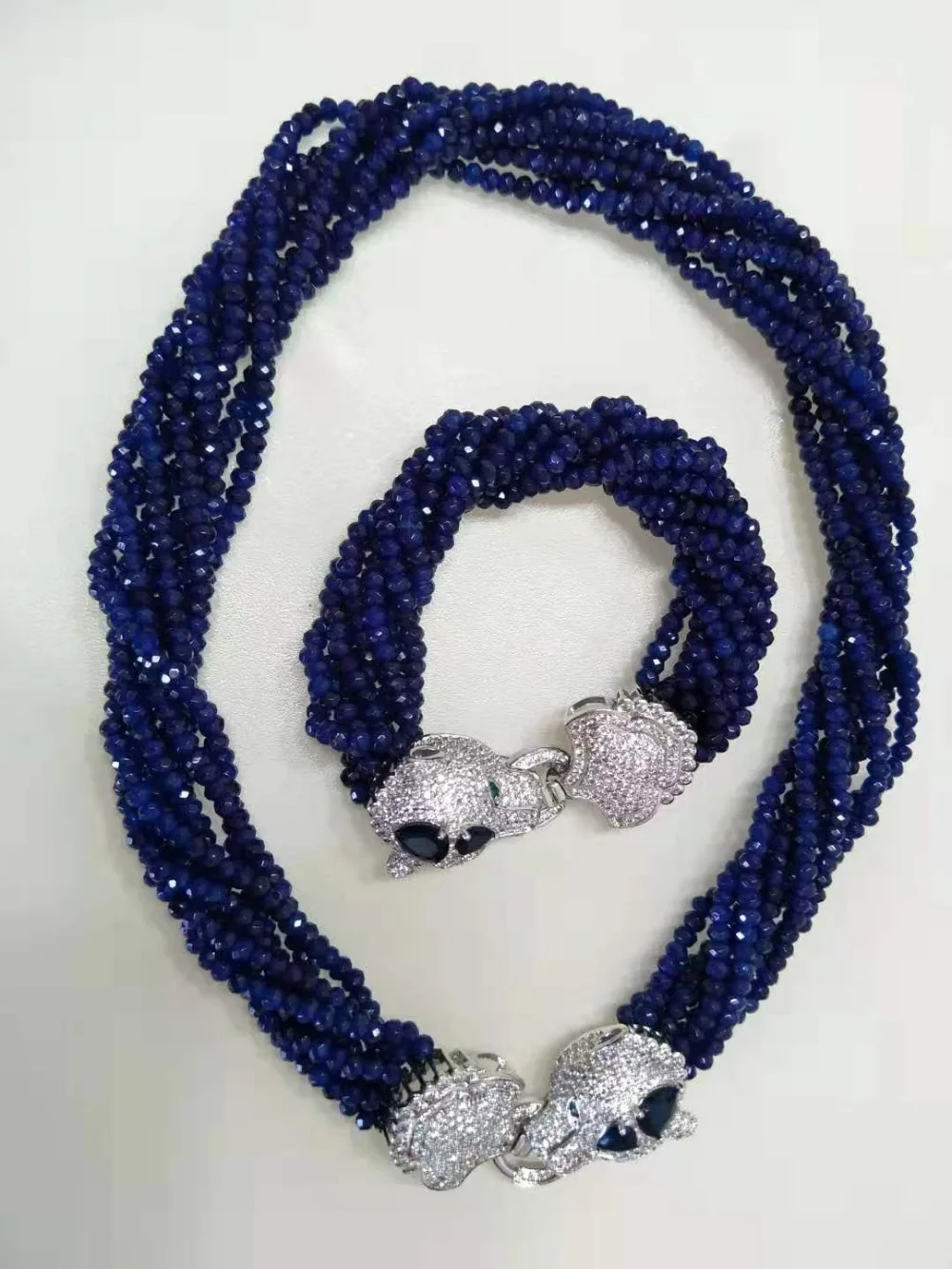 Ручной работы, два стиля, 8 прядей, красный и синий, 2x4 мм, каменный браслет, ожерелье, циркон, микро инкрустированная леопардовая голова, пряжка, ожерелье, браслет