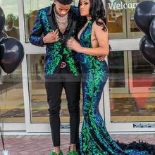 Блестящие пайетки Русалка в африканском стиле изумрудно-зеленый, на выпускной, платье и головной повязкой с пером поезд сексуальное платье с низким вырезом на спине Выпускной торжественное платье с длинными