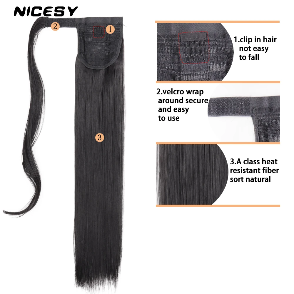 NICESY Synthetic Black Long Straight Ponytail Hair Extensions Heat Resistant Hair 22Inch Wrap Around Pony Hairpiece