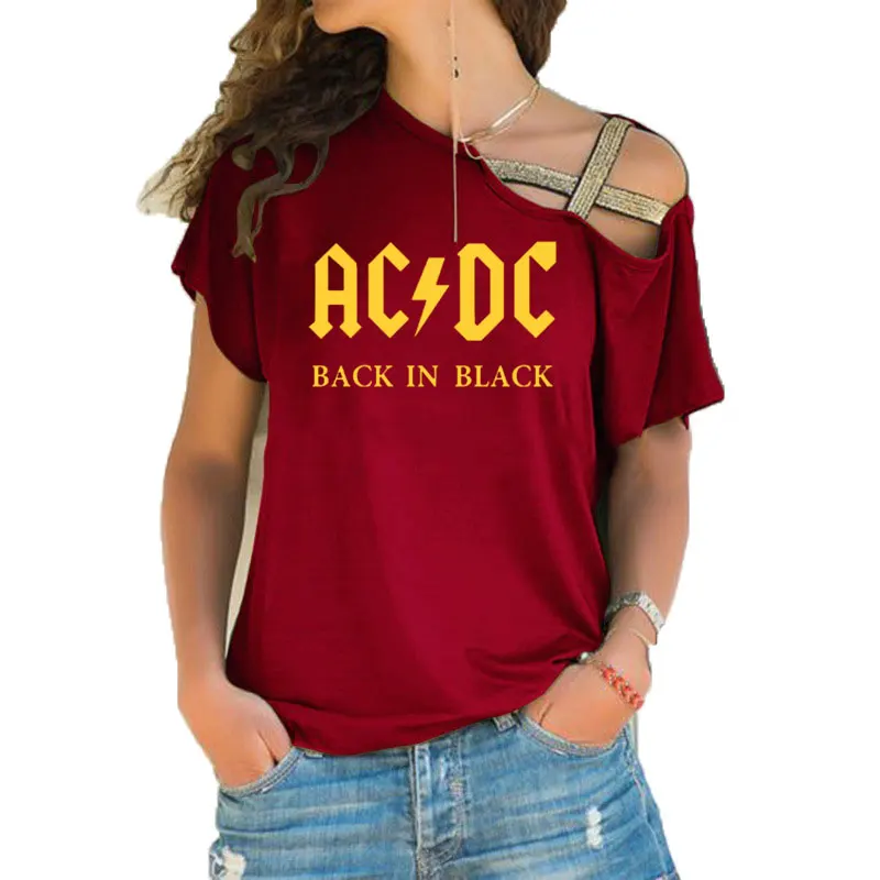 Группа ACDC футболка в стиле рок женские ACDC с буквенным принтом футболки хип хоп Рэп музыка асимметричное, с короткими рукавами Skew Крест повязки топы тройник