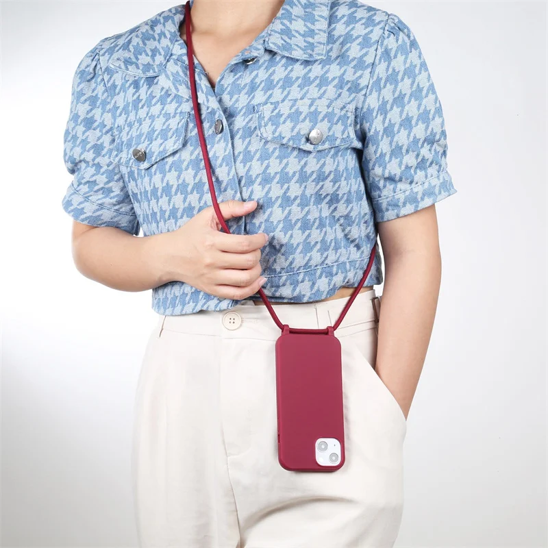 

Plain Crossbody Sling Lanyard Phone Case For iPhone14 15Pro 13 12 11 XSMAX 78PLUS SE2/3 6S Cover XR Soft Skinny Shell Protection
