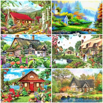 

AZQSD DIY Unframe Coloring By Numbers House Handmade Gift Acrylic Paint Adult Coloring By Numbers Scenery Home Decor