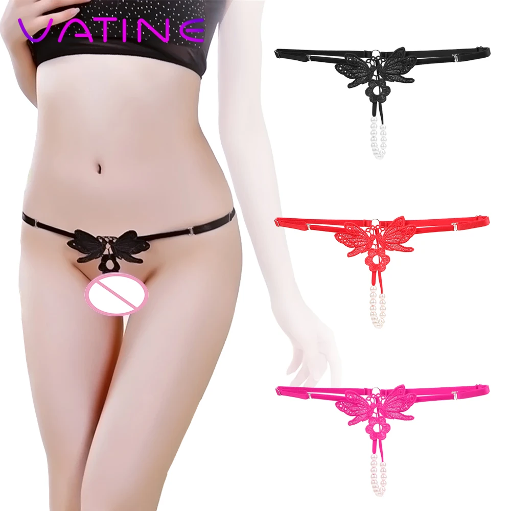 

VATINE Open Crotch Panties Sexy Lingerie G-string with Pearl Adjustable Erotic Exotic Apparel Crotchless