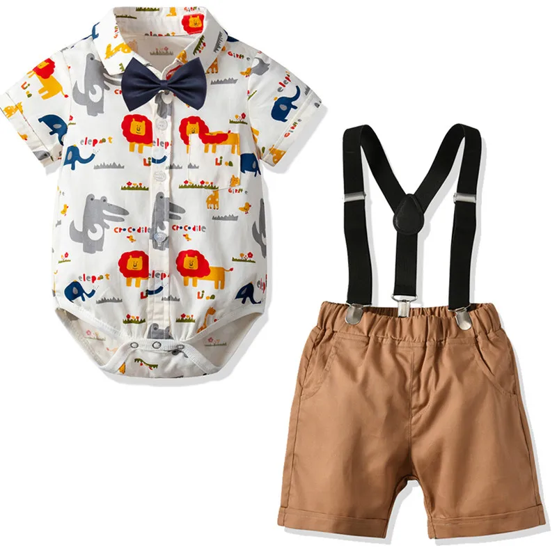 Baby Boys Blue Stars Shirt with Bow and Belt Short Suits Children Cotton Clothes Baby Boy Gentle Suit for Evening Party - Цвет: animals set