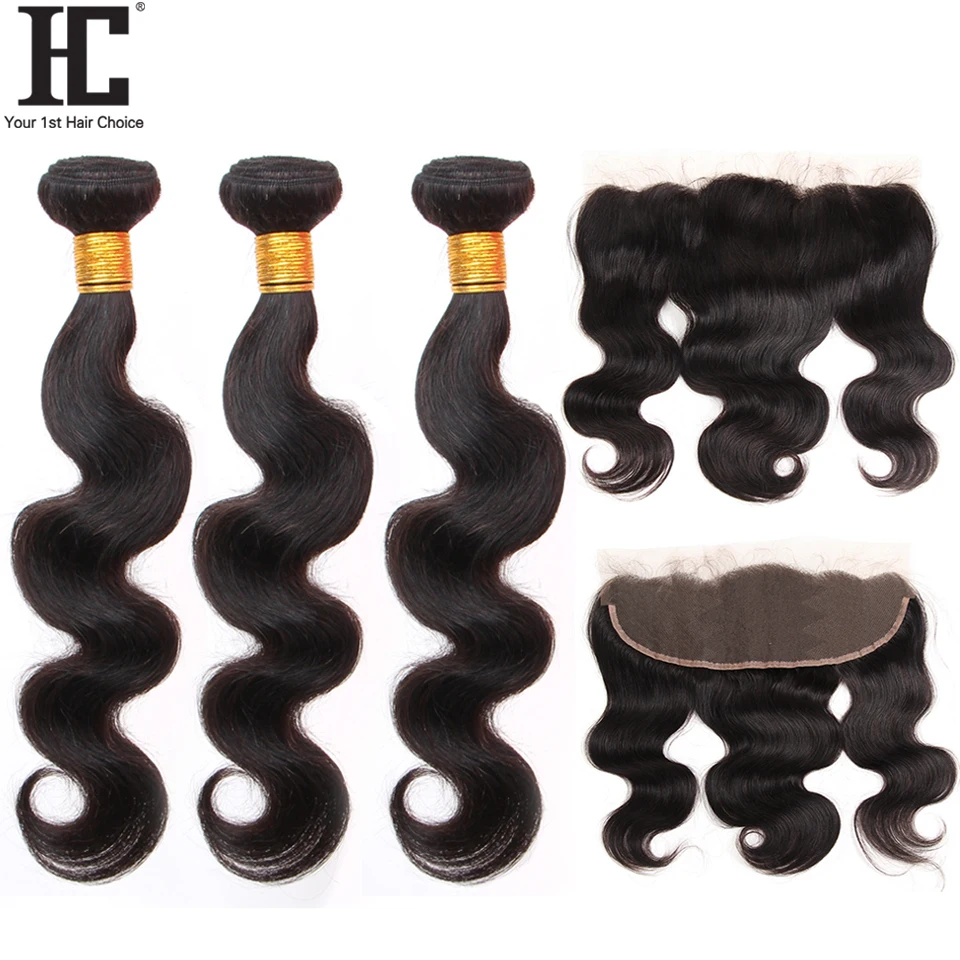 HC Brazilian Body Wave With Frontal Ear To Ear Lace Frontal Closure With Bundles Non Remy Human Hair Weave 3 Bundle With Frontal