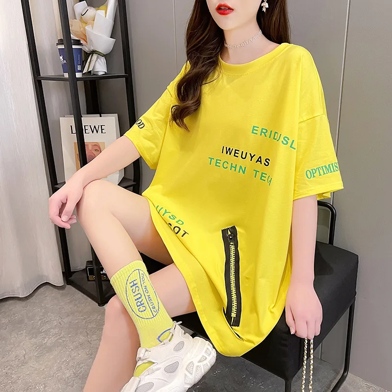 

2023 Summer New Korean Street Style Loose Short Sleeved Plus Size T-shirt Casual Simple Yellow Women Tops Tide Free Shipping