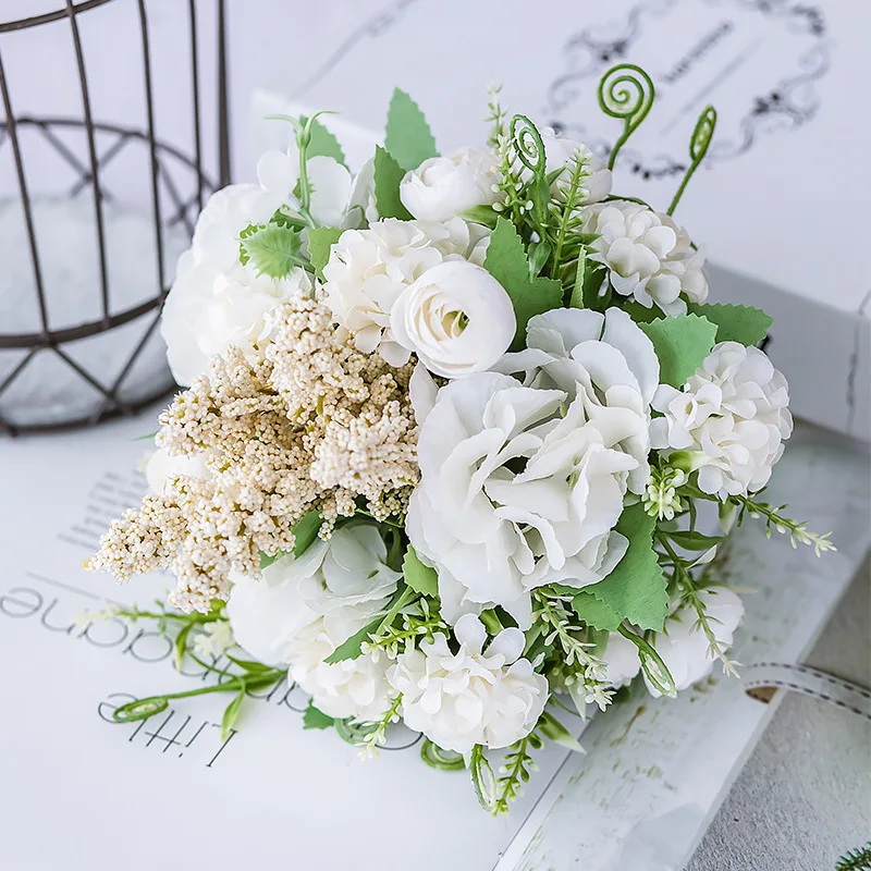 white 1Bundle Nordic Simulation Bouquet Fake Flower Rose Peony Silk Bouquet Living Room Decoration Table Holding Floral Plastic Flower - Цвет: white