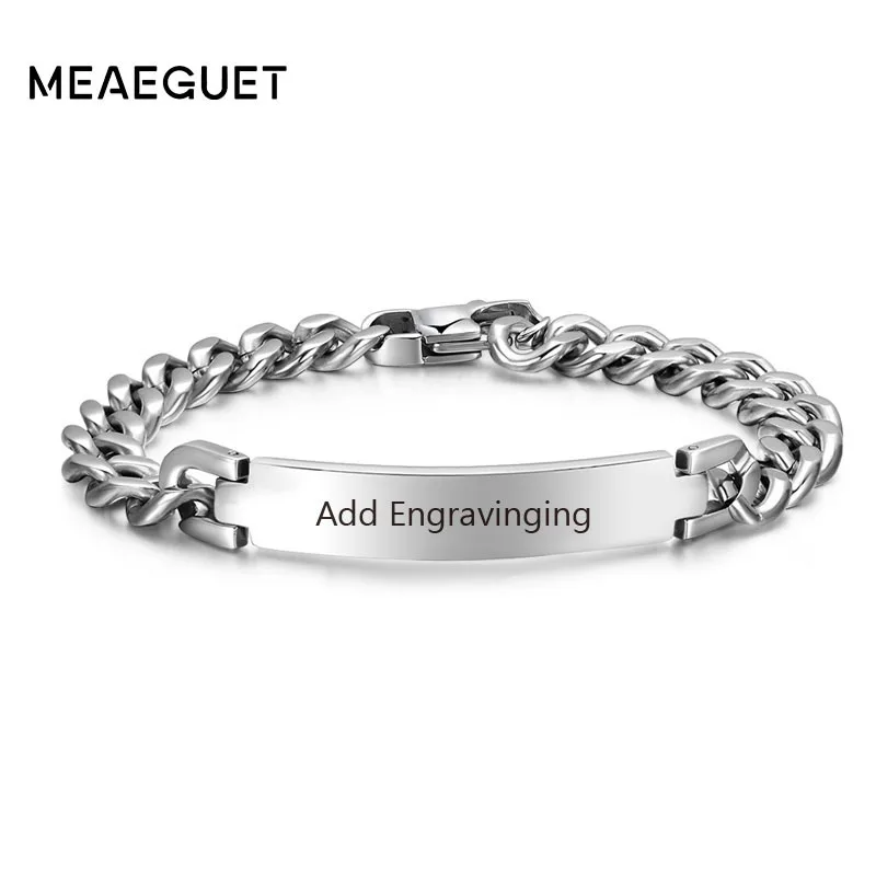 Stainless Steel Curb Chain ID Men Bracelet In Silver Color Custom Bangle Personalized Bar With Names Initials Date Male Jewelry vnox free engraving medical alert id bracelet for men bangle health care energy stainless steel male jewelry