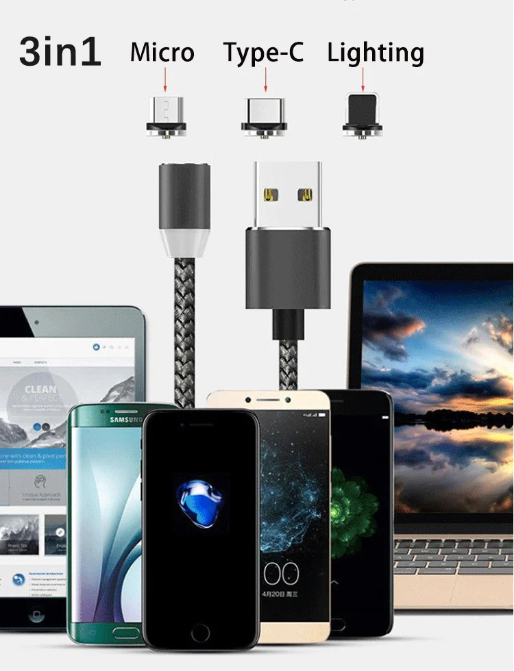 Магнитный USB 3 в 1 зарядный кабель для iphone Xs и type-C и Micro USB кабель с нейлоновой оплёткой для iphone huawei xiaomi fast chage