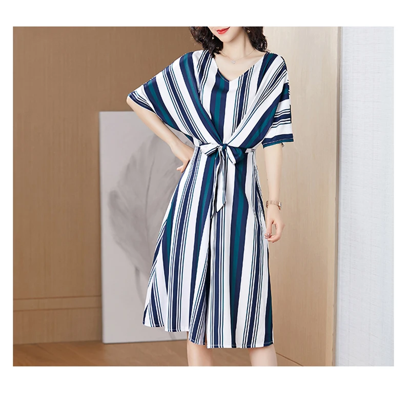 Женское однобортное платье в полоску летнее элегантное большого размера с
