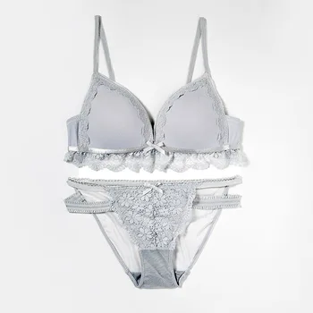 

Drop Shipping Lace Triangle Cup Bra Without Rims Girl Gathered On The Bra Body Bag Solid Color Bra Set With Briefs