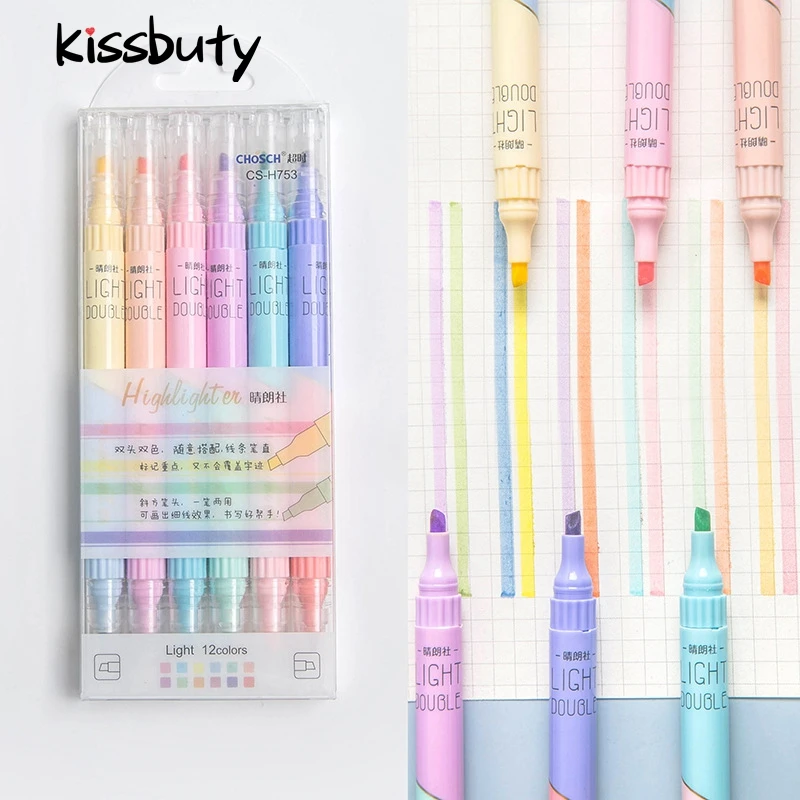 KissButy 6 unids/set resaltador pluma de doble cabeza marcador de color de la escuela suministros marcador papelería