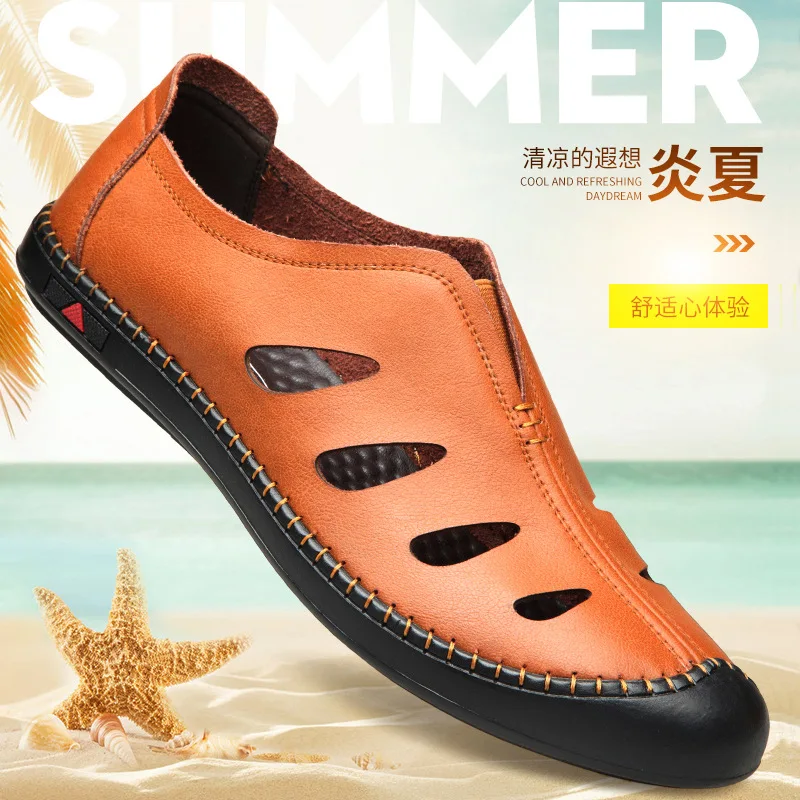 

Summer MEN'S Leather Sandals Hollow out Breathable Porous Shoes Versatile MEN'S Casual Shoes Comfortable Soft Bottom Handmade Se
